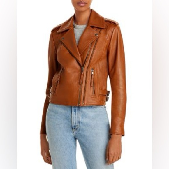 JOIE 100% Lamb Leather Leolani Lamb Leather Cognac Moto Jacket Size XXS $898 NWT - Picture 7 of 11